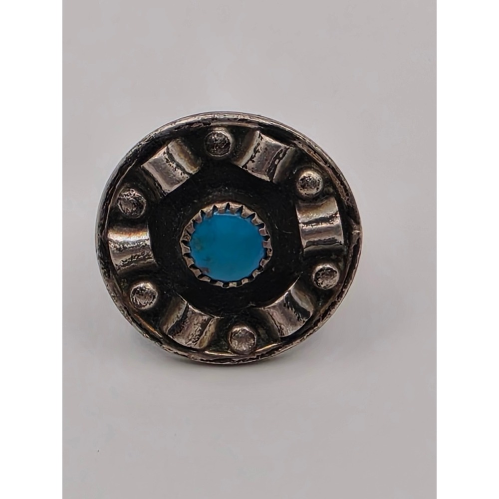 Vintage Sterling Silver Turquoise Shadowbox Ring Southwestern Size 6.25 Round - Picture 2 of 4